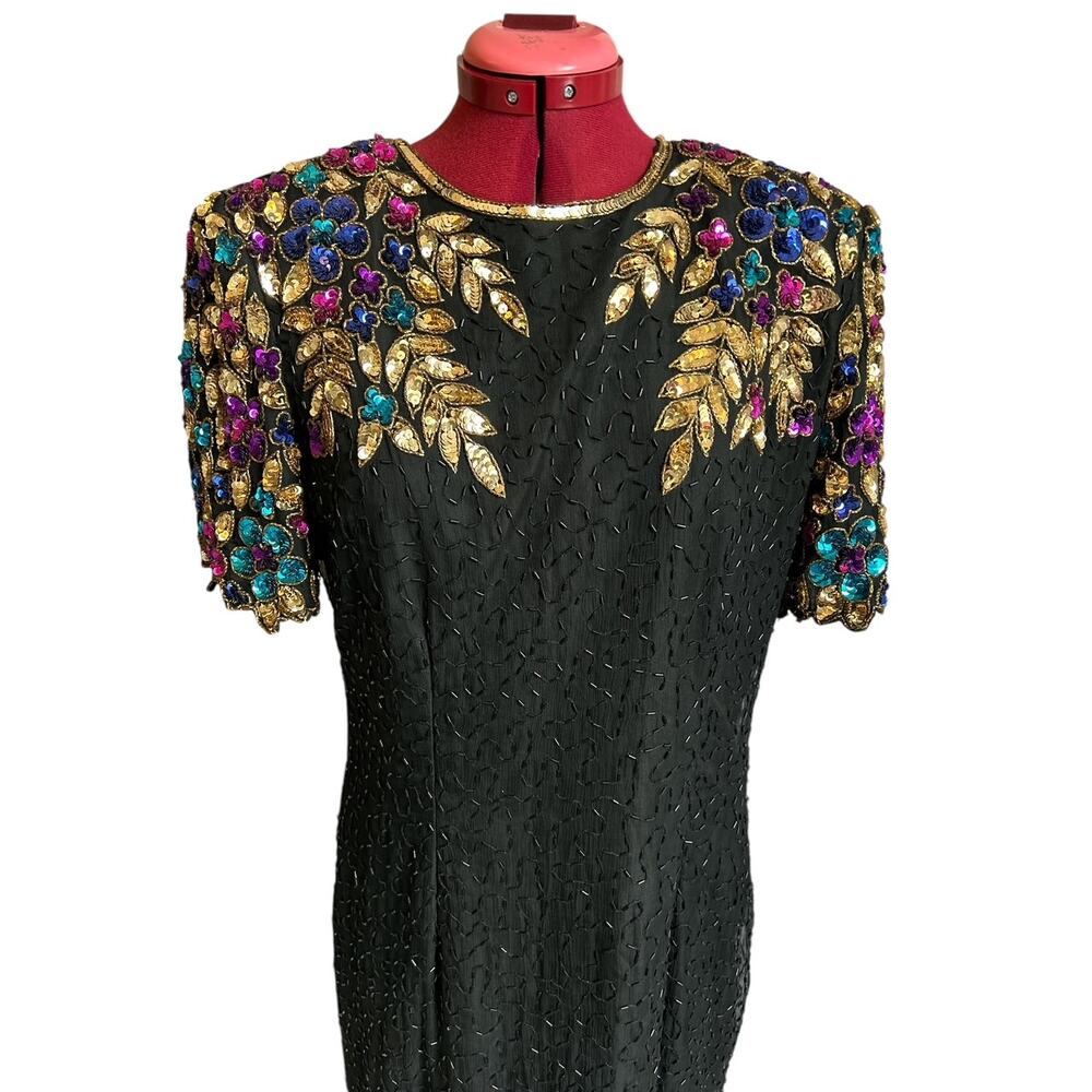 Vintage Stenay Large 100%‎ Silk Fully Beaded Sequined Party Evening Midi Dress - Picture 4 of 7